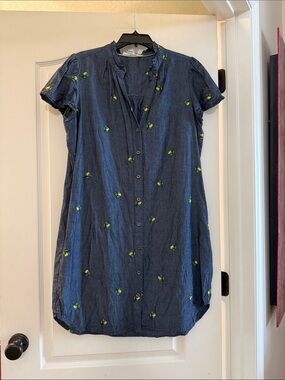 Jane and Delancey Dark Blue Button-Front Mini Dress with Green Embroidery